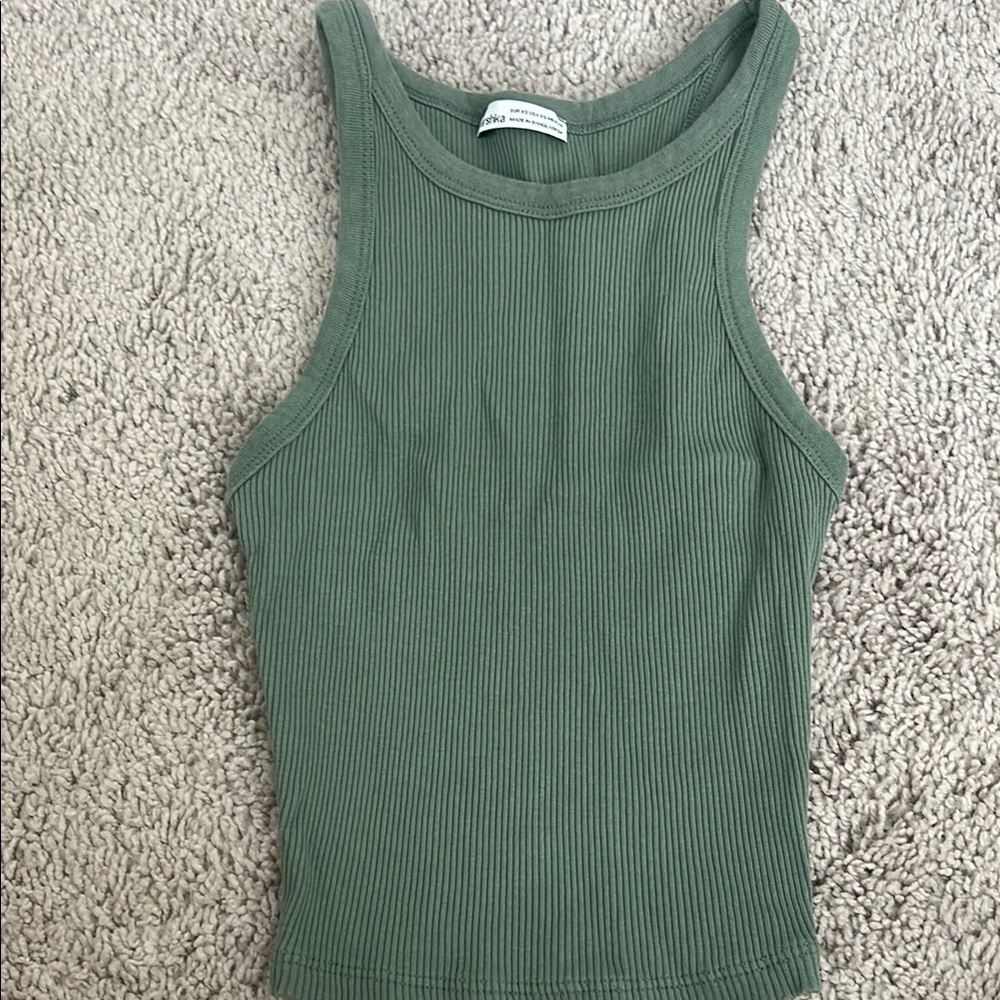 Bershka Green Fitted Ribbed Tank Top